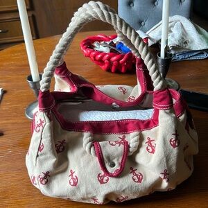 Straw Studios Canvas Red & Cream Color Anchor Tote Rope Handles Size Medium